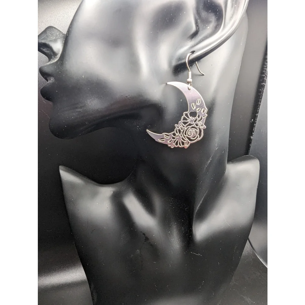 Floral Crescent Moon Earrings Celestial Stainless Steel Dangle